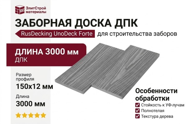 Заборная доска ДПК RusDecking UnoDeck Forte - Серый
