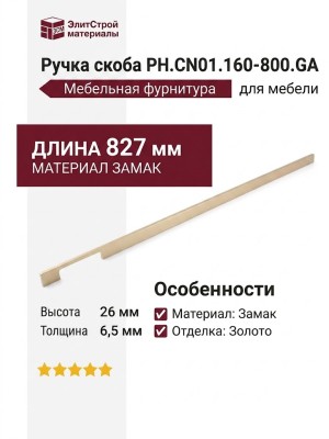 Ручка скоба PH.CN01.160-800.GA, материал Замак, отделка Золото, 827*6,5*26 мм