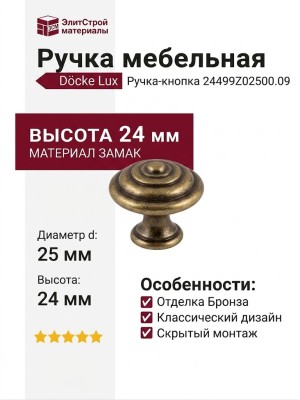 Ручка кнопка 24499Z02500.09, материал Замак, отделка Бронза, 24*d=25 мм