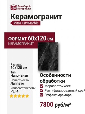 Vitra CityMarble Калакатта Блэк Лаппато R9 60x120 K951845LPR01VTEP