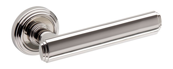 Дверная ручка на круглой розетке "ARTDECO" NB никель глянцевый 1053, материал Латунь, отделка Никель, 140*50 мм