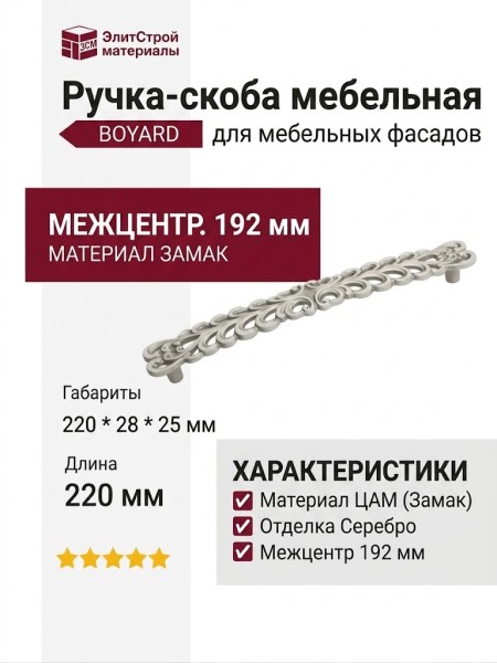 Ручка скоба WMN.723X.192.M00T4, материал Замак, отделка Серебро, 220*28*25 мм