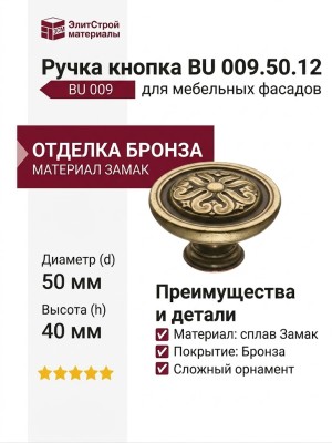 Ручка кнопка BU 009.50.12, материал Замак, отделка Бронза, 40*d=50 мм