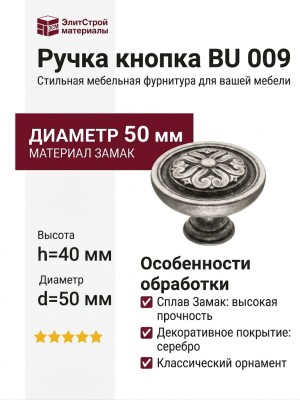 Ручка кнопка BU 009.50.16, материал Замак, отделка Серебро, 40*d=50 мм