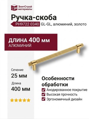 Ручка скоба PH9722 0340 GL-GL, материал Алюминий, отделка Золото, 60*25*400 мм