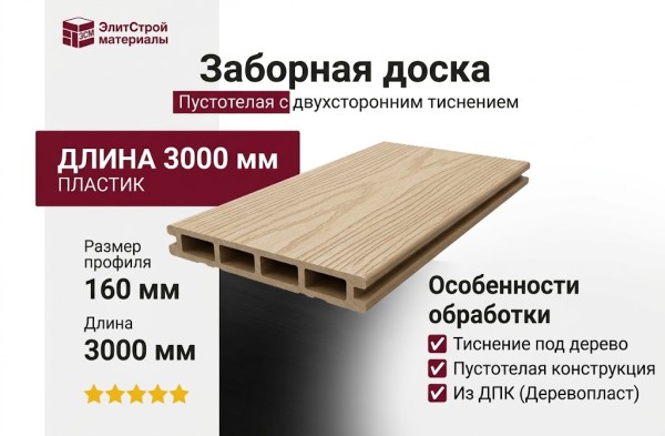 Пустотелая заборная доска с двухсторонним древесным тиснением из пластика