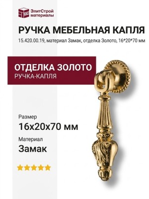 Ручка капля  15.420.00.19, материал Замак, отделка Золото, 16*20*70 мм