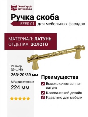 Ручка скоба EFES-01-09 224 мм латунь, материал Латунь, отделка Золото, 263*20*39 мм