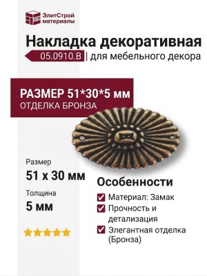 Накладка декоративная 05.0910.B, материал Замак, отделка Бронза, 51*30*5 мм