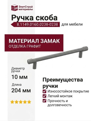 Ручка скоба Citterio Giulio 8.1149.0160.0238-0238, материал Замак, отделка Графит, 204*10*30 мм