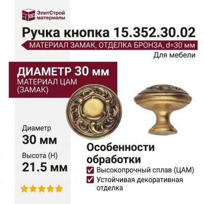 Ручка кнопка 15.352.30.02, материал Замак, отделка Бронза, d=30 мм