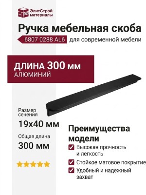 Ручка скоба 6807 0288 AL6, материал Алюминий, цвет Чёрный, отделка Черный, 19*40*300 мм