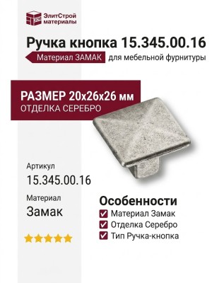 Ручка кнопка 15.345.00.16, материал Замак, отделка Серебро, 20*26*26 мм