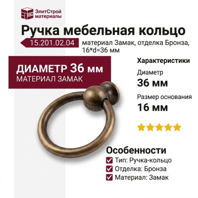 Ручка кольцо 15.201.02.04, материал Замак, отделка Бронза, 16*d=36 мм