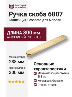 Ручка скоба 6807 0288 GL, материал Алюминий, отделка Золото, 19*40*300 мм
