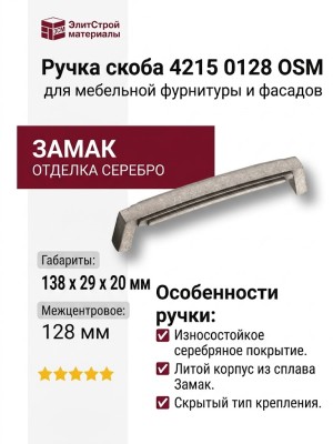Ручка скоба 4215 0128 OSM, материал Замак, отделка Серебро, 29*20*138 мм