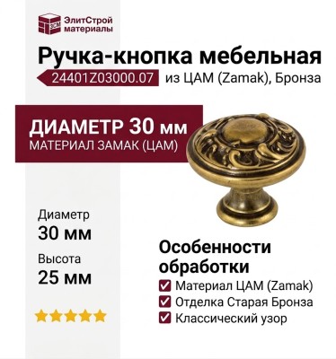 Ручка-кнопка 24401Z03000.07, материал Замак, отделка Бронза, 30x25 мм