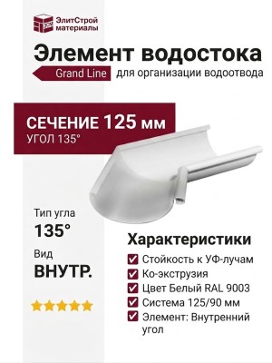 Угловой элемент 135° Внутренний, Grand Line, Белый (RAL 9003)