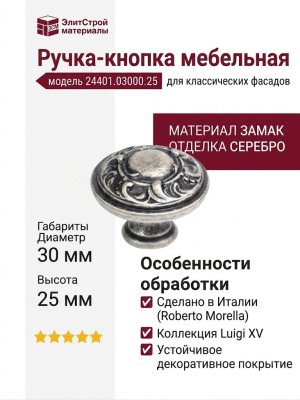 Ручка кнопка 24401.03000.25, материал Замак, отделка Серебро, 30х25 мм