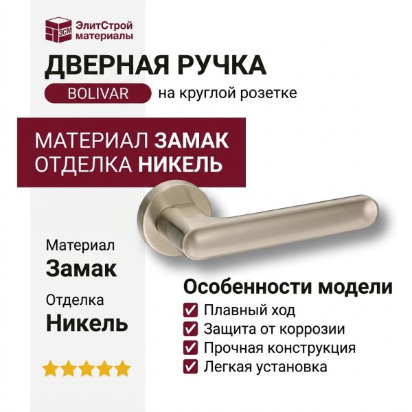 Дверная ручка на круглой розетке HA123RO12 NB BOLIVAR, материал Замак, отделка Никель