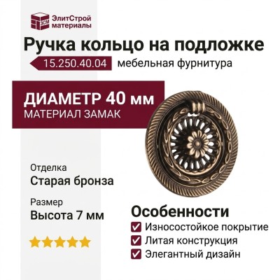 Ручка кольцо на подложке 15.250.40.04, материал Замак, отделка Бронза, 7*d=40 мм