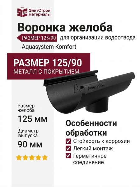 Воронка желоба Aquasystem, цвет RAL 9005 Черный, размер 125/90.