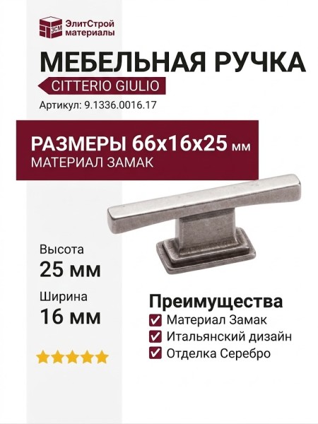 Ручка-кнопка Citterio Giulio 9.1336.0016.17, материал Замак, отделка Серебро, 66x16x25 мм