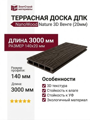 Террасная доска пустотелая ДПК NanoWood Nature 3D (20мм) Венге