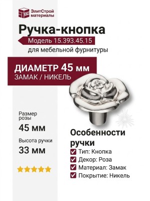 Ручка кнопка 15.393.45.15, материал Замак, отделка Никель, 33*d=45 мм