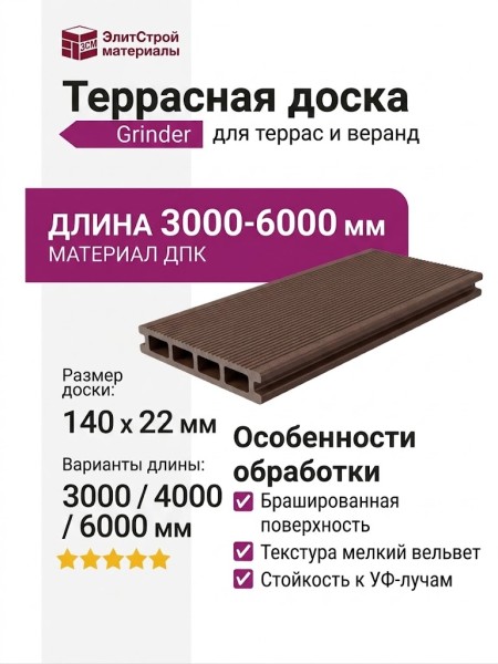 Террасная доска Grinder с мелким брашированным вельветом, цвет Орех.