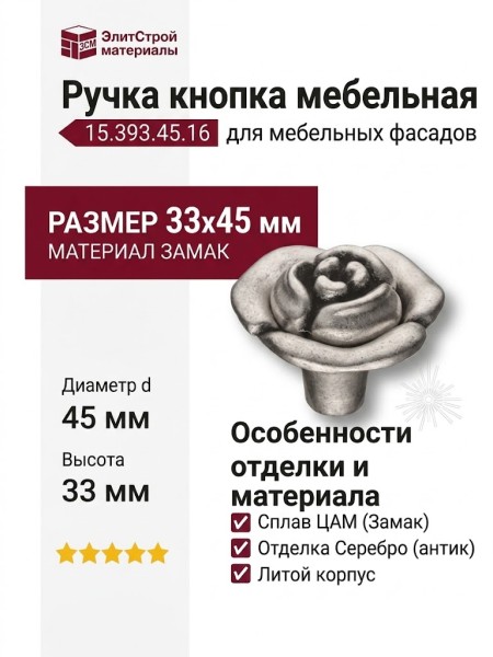 Ручка кнопка 15.393.45.16, материал Замак, отделка Серебро, 33*d=45 мм