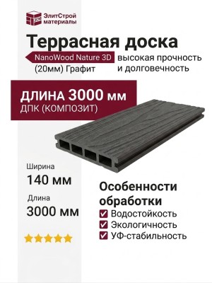 Террасная доска пустотелая ДПК NanoWood Nature 3D (20мм) Графит