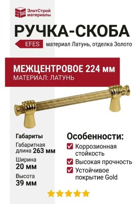 Ручка скоба EFES-02-09 224 мм латунь, материал Латунь, отделка Золото, 263*20*39 мм