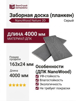 Заборная доска (планкен) ДПК NanoWood Nature 3D Серый