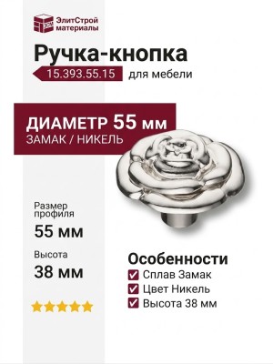 Ручка кнопка 15.393.55.15, материал Замак, отделка Никель, 38*d=55 мм