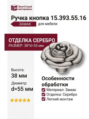Ручка кнопка 15.393.55.16, материал Замак, отделка Серебро, 38*d=55 мм