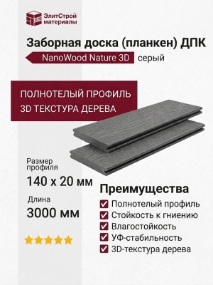 Заборная доска (планкен) ДПК NanoWood Nature 3D Серый