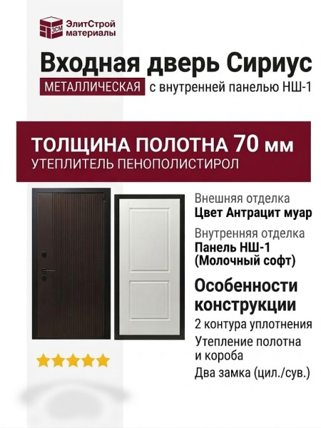 Дверь входная «Сириус», внутренняя панель НШ-1 (молочный софт)