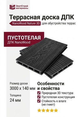 Террасная доска пустотелая ДПК NanoWood Nature 3D Графит