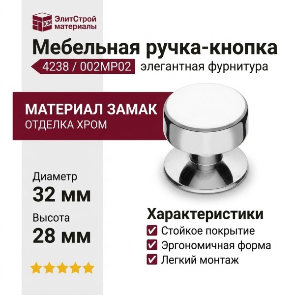 Ручка кнопка 4238 002MP02, материал Замак, отделка Хром