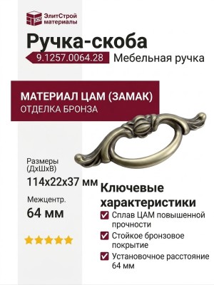 Ручка-скоба 9.1257.0064.28, материал Замак, отделка Бронза, 114x37x22 мм