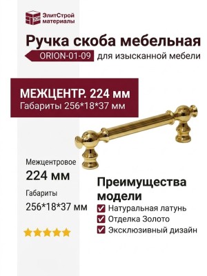 Ручка скоба ORION-01-09 224 мм латунь, материал Латунь, отделка Золото, 256*18*37 мм