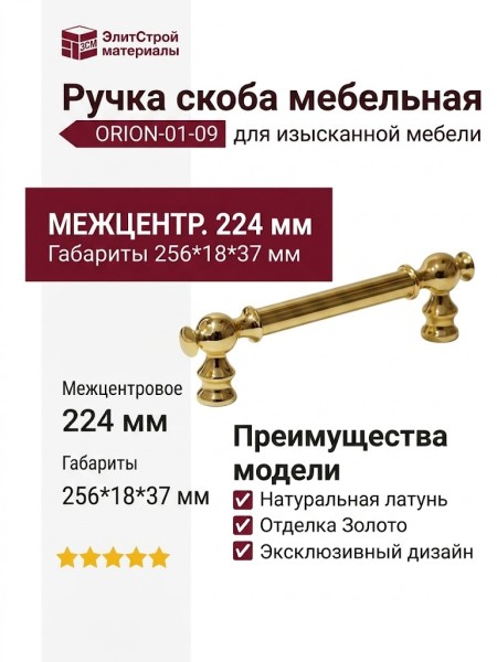 Ручка скоба ORION-01-09 224 мм латунь, материал Латунь, отделка Золото, 256*18*37 мм