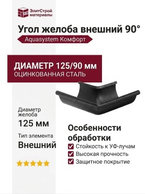 Угол желоба внешний 90°, Aquasystem, RAL 9005 Чёрный 125/90