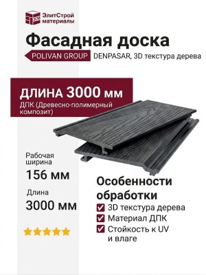Фасадная доска POLIVAN GROUP с 3D текстурой дерева DENPASAR, цвет черный.