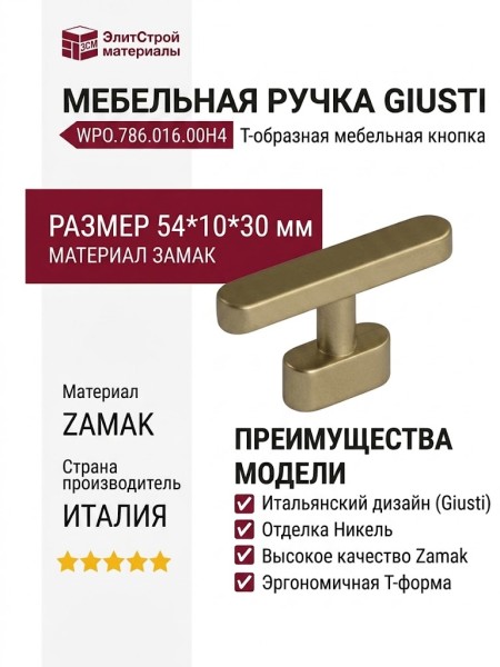 Ручка кнопка Giusti WPO.786.016.00H4, материал Замак, отделка Никель, 54*10*30 мм