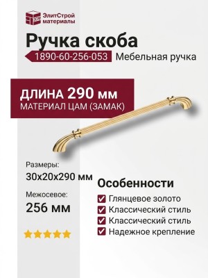 Ручка скоба 1890-60-256-053, материал Замак, отделка Золото, 30*20*290 мм
