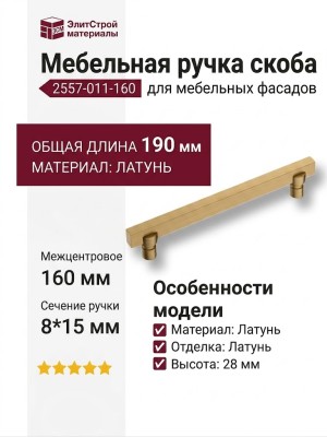 Ручка скоба 2557-011-160, материал Латунь, отделка Латунь, 28*8/15*190 мм