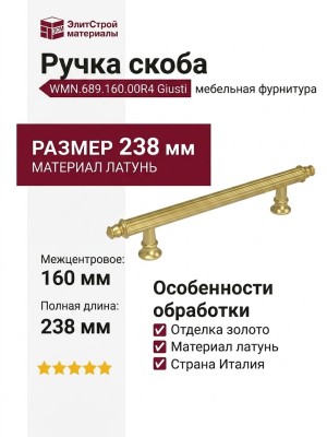 Ручка скоба Giusti WMN.689.160.00R4, материал Латунь, отделка Золото, 238*21*40 мм