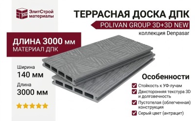 Террасная доска ДПК POLIVAN GROUP 3D+3D NEW пустотелая двухсторонняя DENPASAR Серый цвет